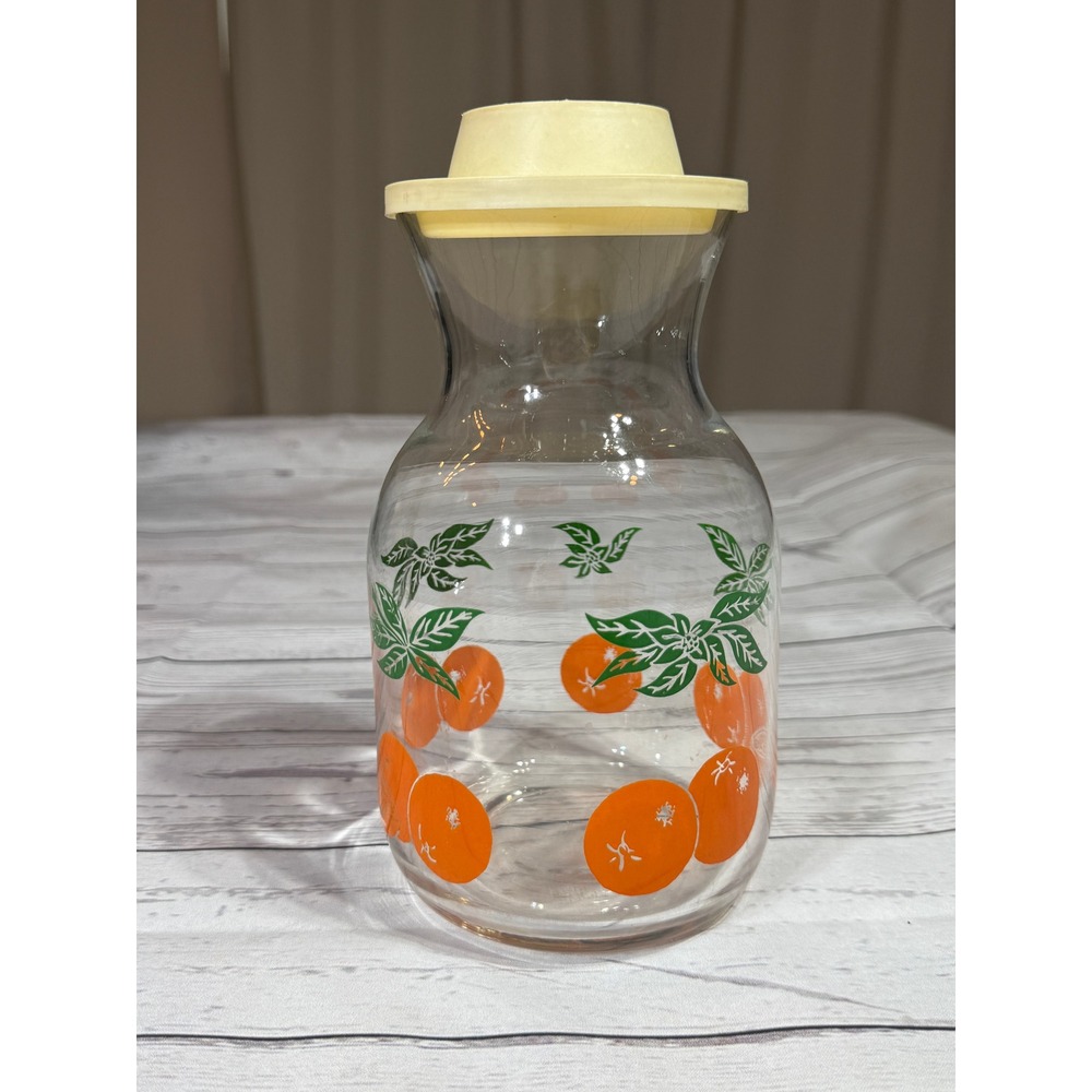Vintage Orange Fruit Glass Juice Carafe Pitcher with Yellow Lid Retro MCM